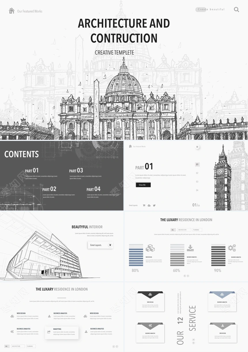 手绘线条建筑灰色时尚商务风产品介绍商业计划书PPT模板