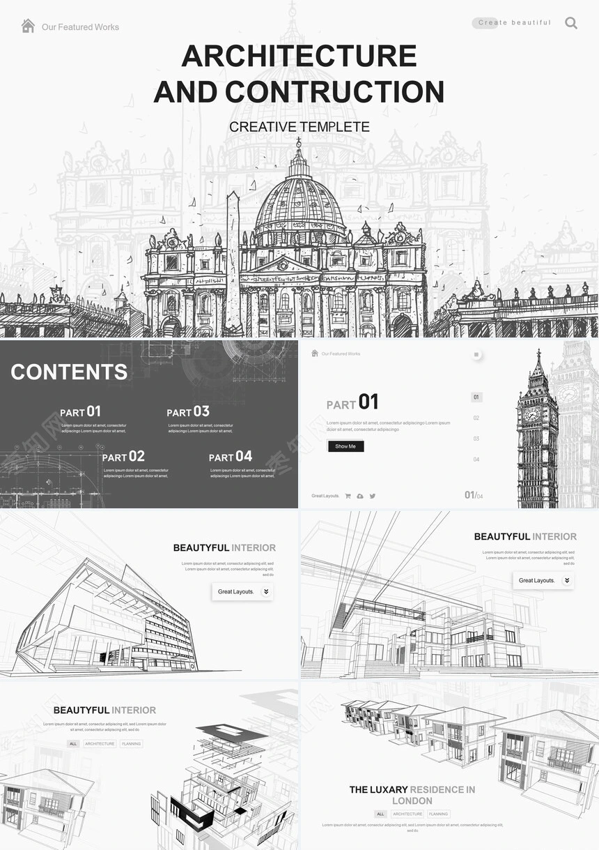 手绘欧美建筑底图简约艺术风PPT模板