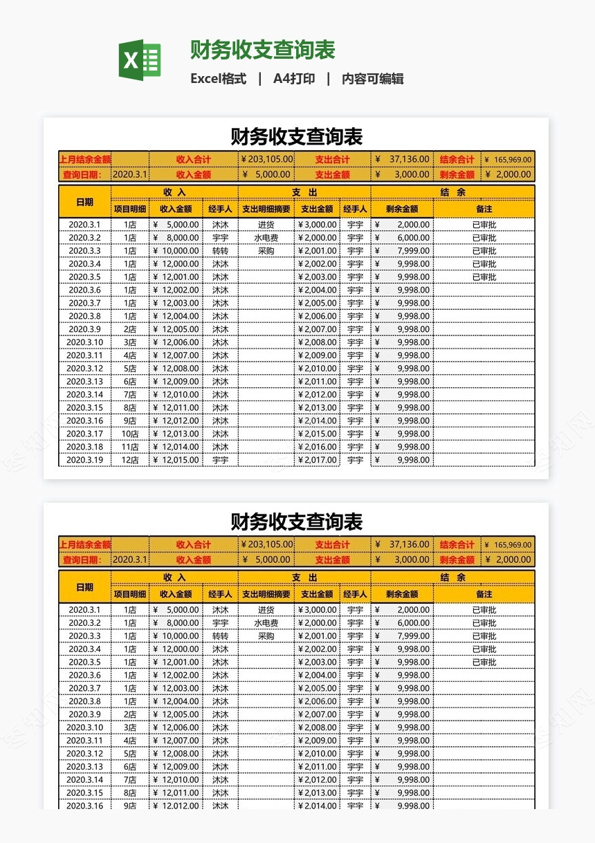 财务收支查询表