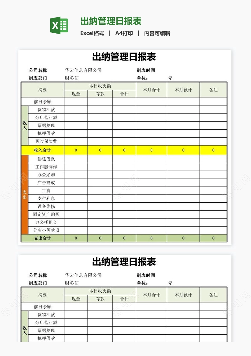 出纳管理日报表