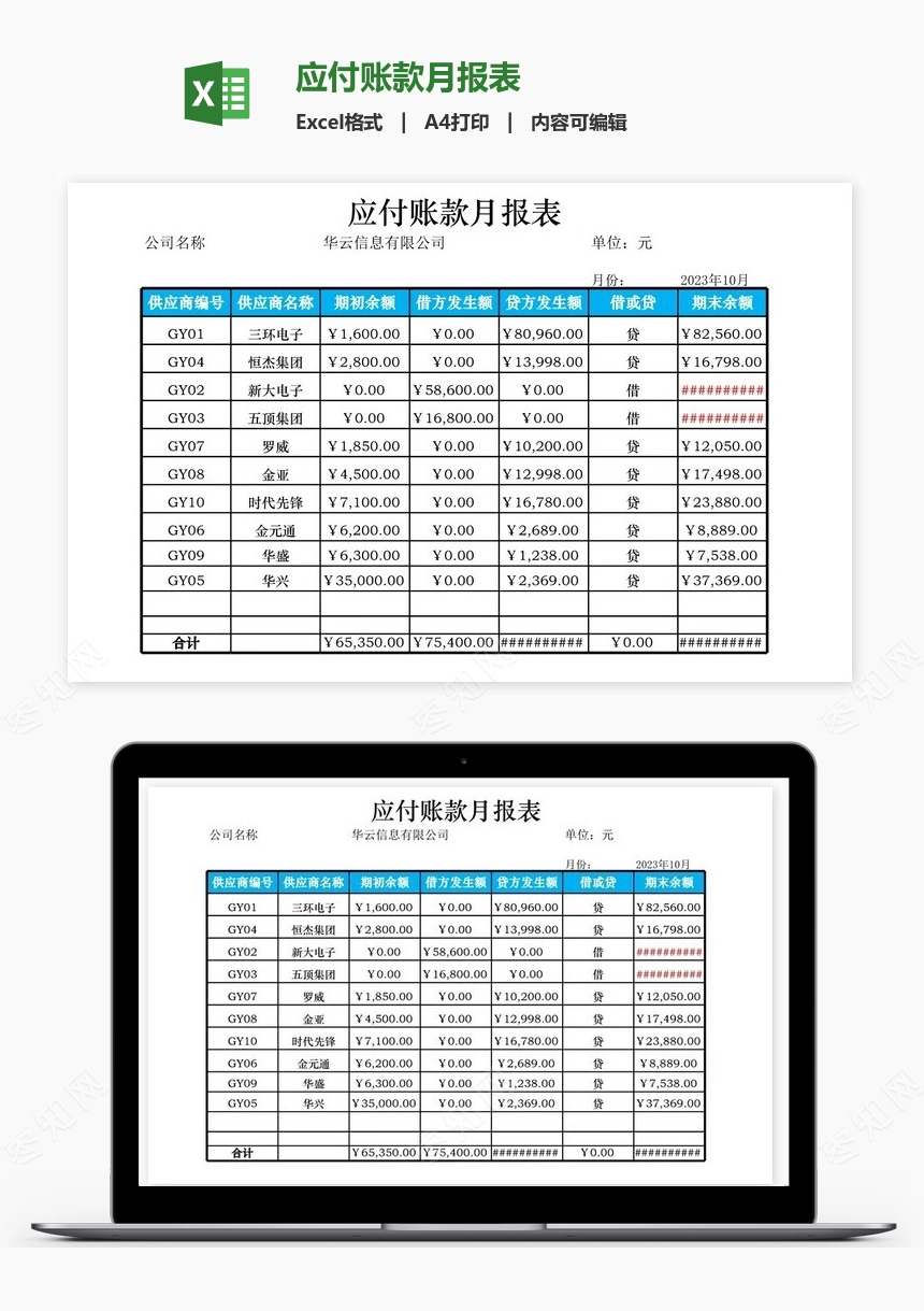 应付账款月报表