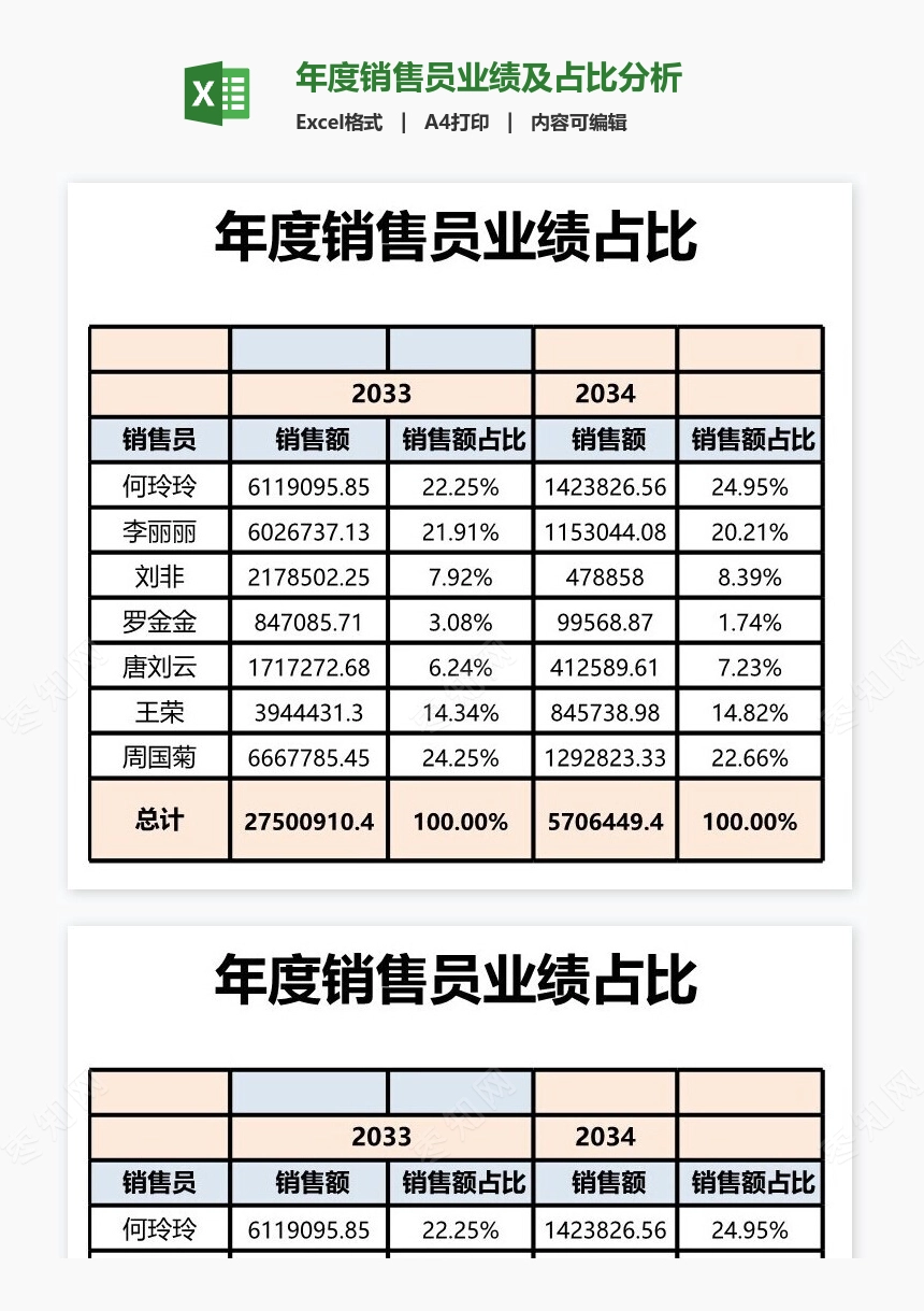 年度销售员业绩及占比分析