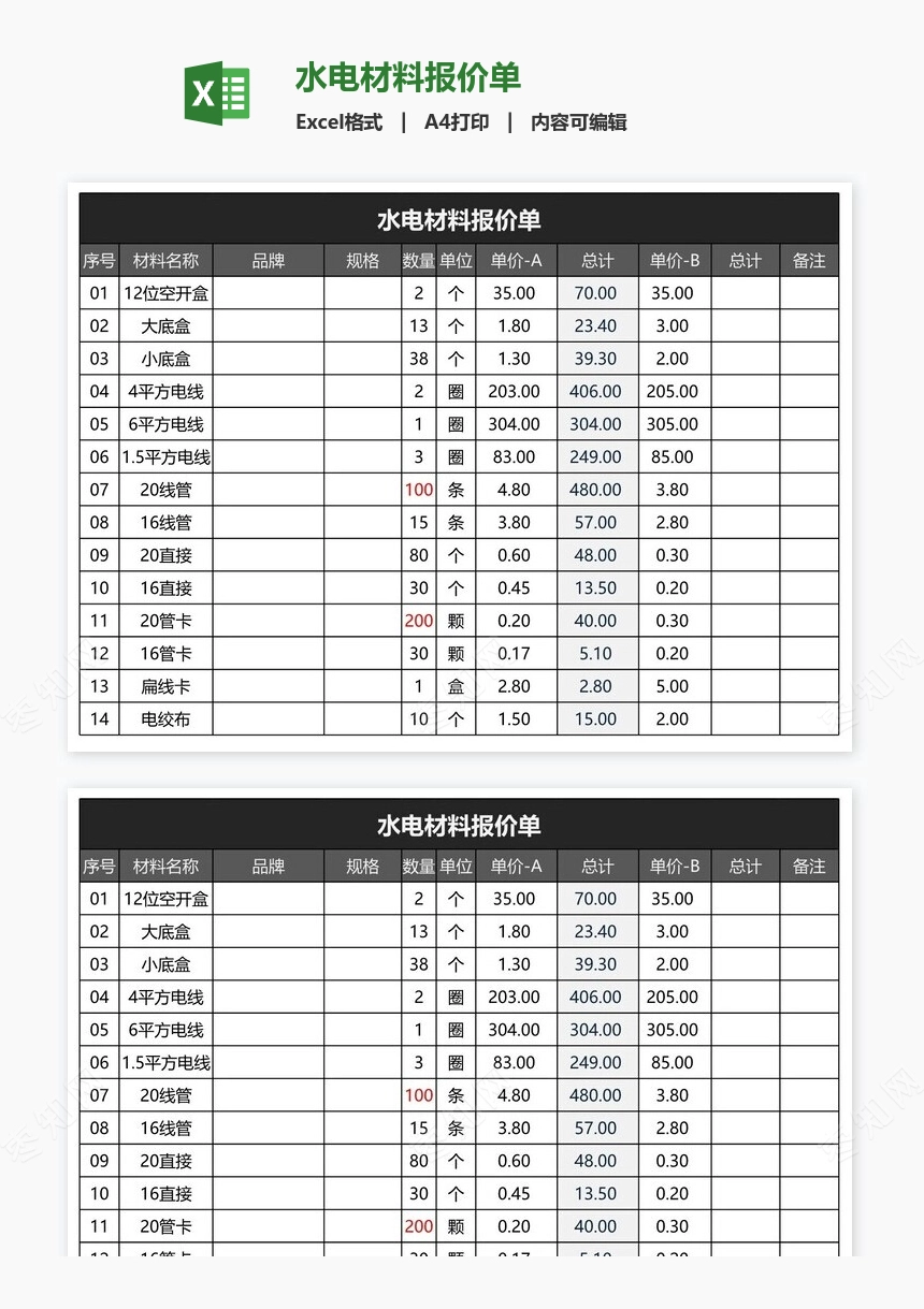水电材料报价单
