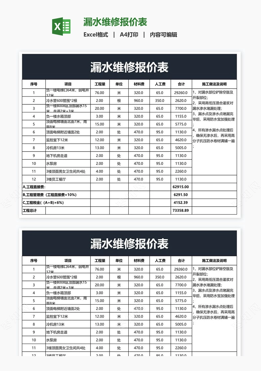 漏水维修报价表