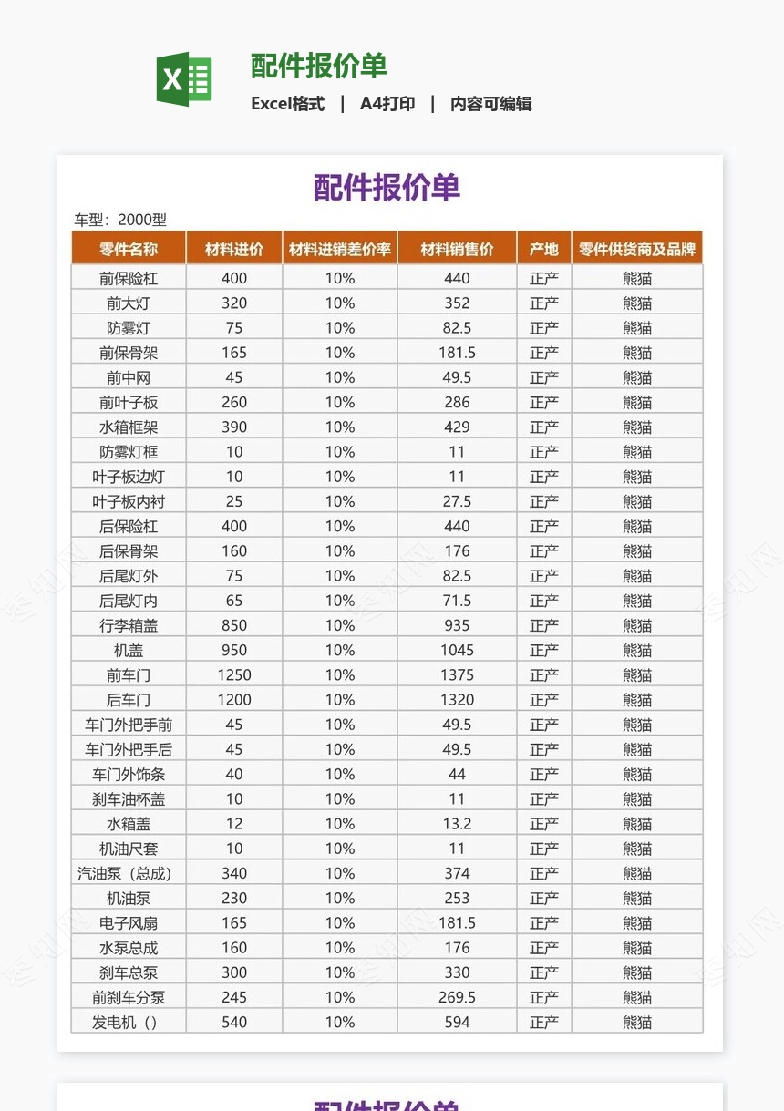 配件报价单