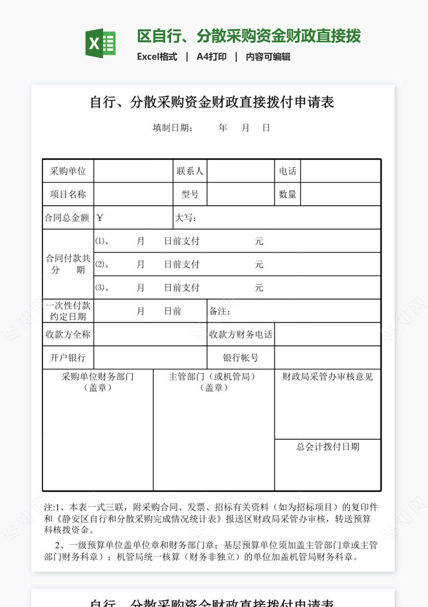 区自行、分散采购资金财政直接拨付申请表