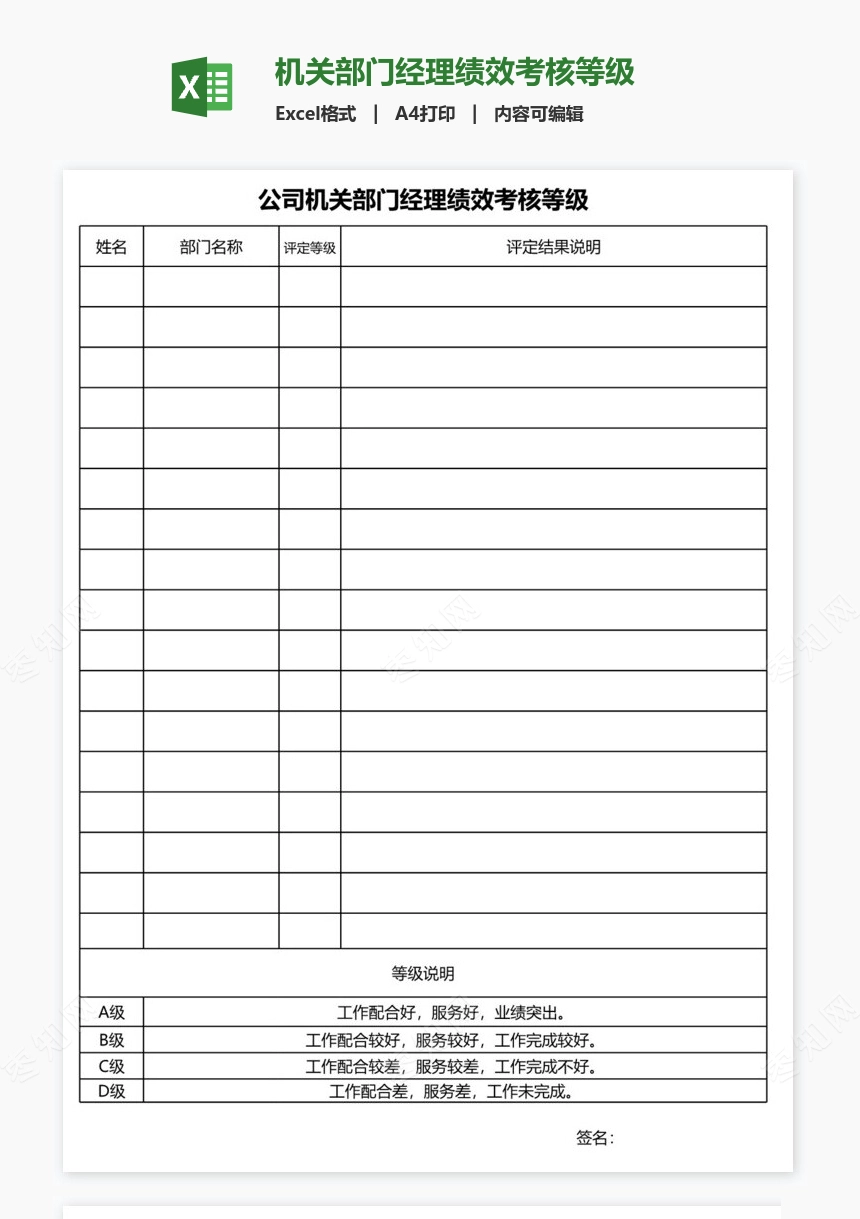 机关部门经理绩效考核等级