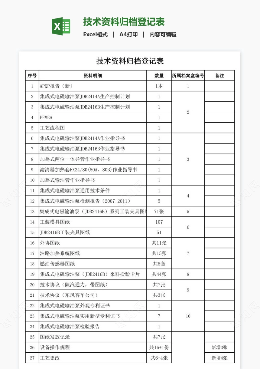 技术资料归档登记表