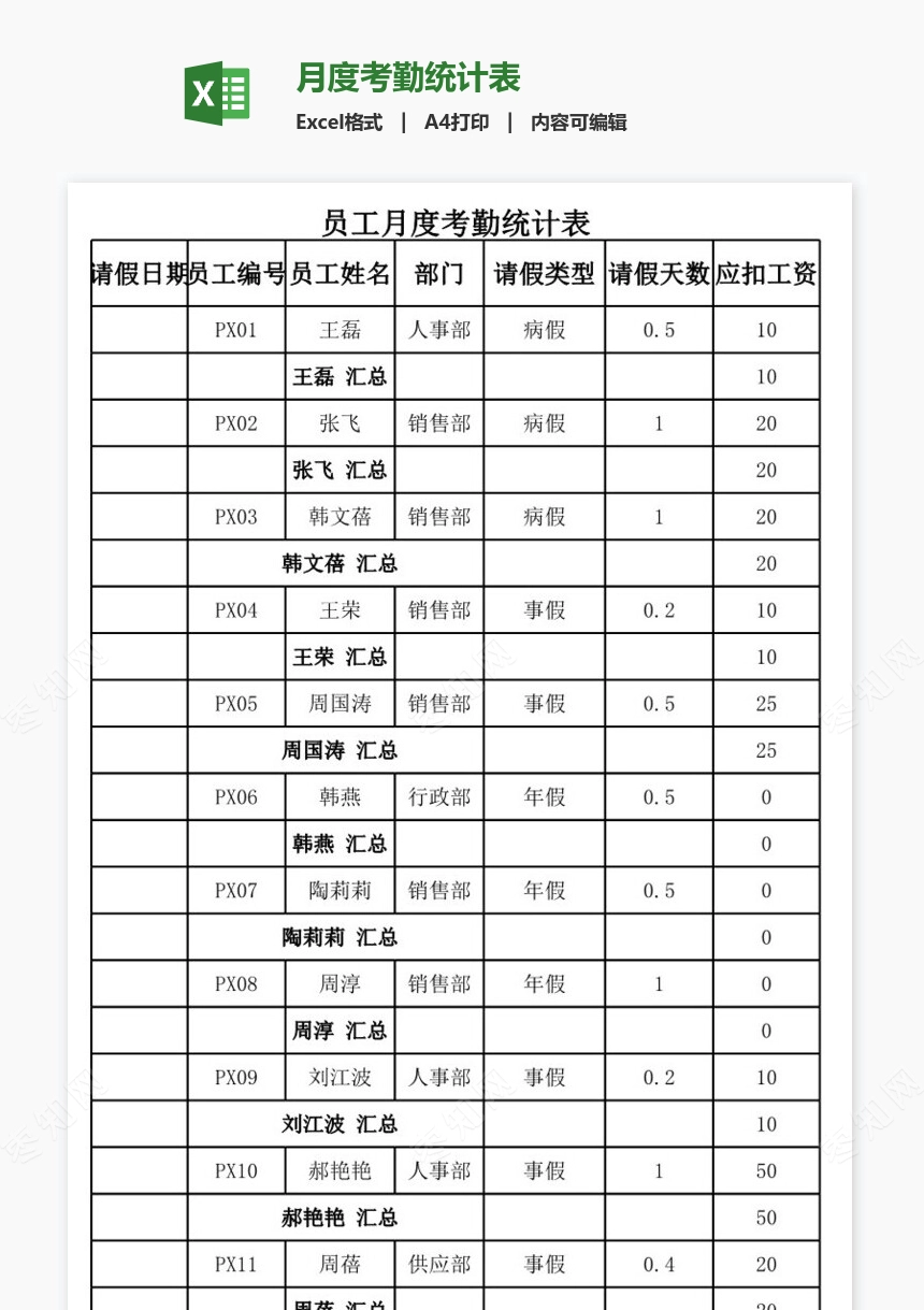 月度考勤统计表