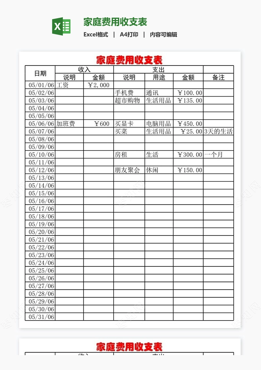 家庭费用收支表